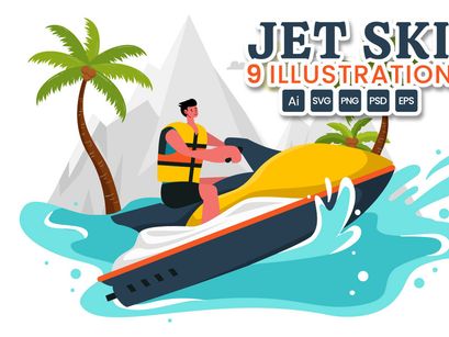 9 People Ride Jet Ski Illustration