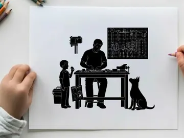 Silhouette of a man and child in a workshop with a cat silhouette preview picture