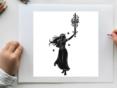 Silhouette of a woman holding a sword with flowers and butterflies