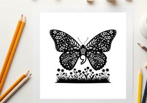 Butterfly silhouette with floral patterns and grass