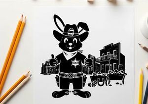 Black rabbit cowboy silhouette in a western town scene