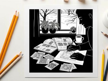 Silhouette of a person reading and writing by the window with plants