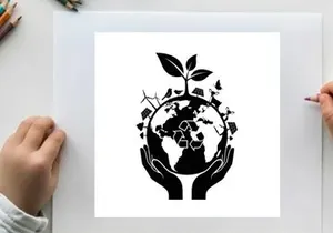 Silhouette of hands holding a globe with a plant and city silhouette