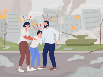Terrified family in destroyed city vector illustration preview picture
