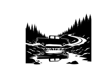 Silhouette of a pickup truck crossing a bridge over a stream