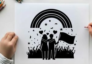 Silhouette of a couple celebrating with a rainbow and crowd