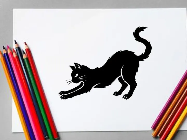 Black Cat Stretching Playfully on White Background