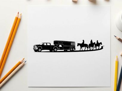 Silhouette of a pickup truck towing a horse trailer with riders on horseback silhouette
