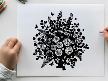 Silhouette of a bouquet with flowers and butterflies preview picture