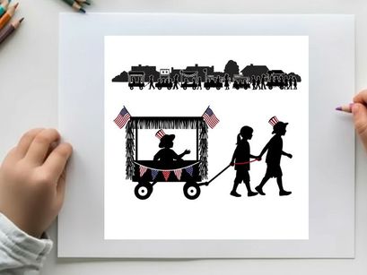 Patriotic parade silhouette with children and decorated wagon