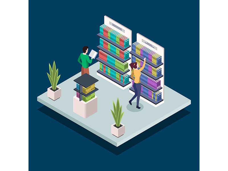 People at modern book library isometric color vector illustration