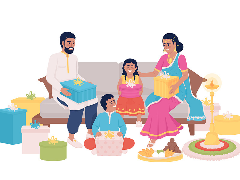 Family exchanging gifts on Diwali semi flat color vector characters