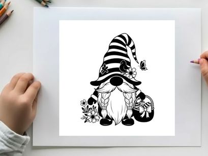 Silhouette of a whimsical garden gnome with flowers and hat