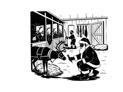 Santa claus checking reindeer silhouette at the north pole barn