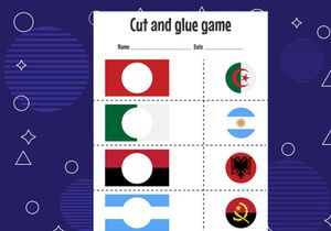 12 Pages Cut and glue game for kids with country flag. Cutting practice for preschoolers. Education paper game for children
