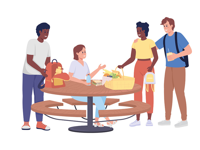 Friends meeting for picnic semi flat color vector characters