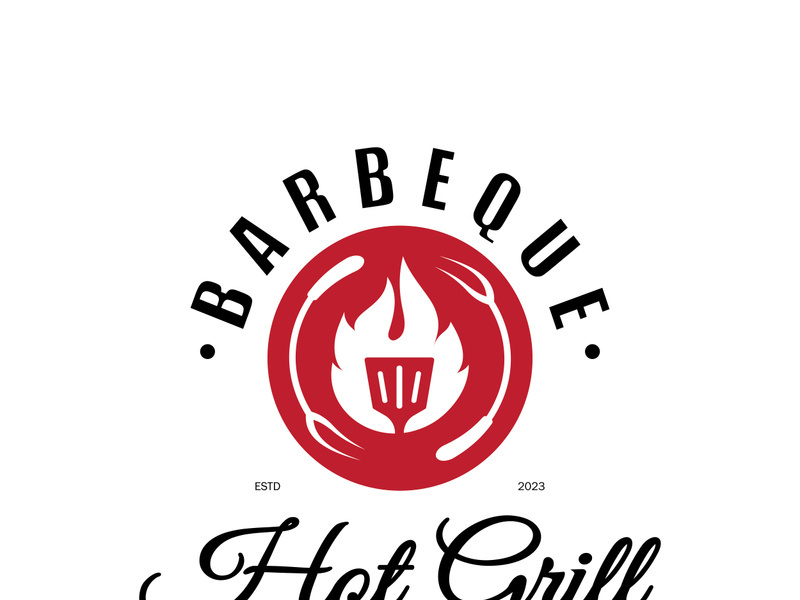 Simple Barbecue Vintage hot grill, with crossed flames and spatula. Logo for restaurant, badge, cafe and bar.vector