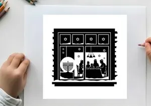 Silhouette of jewish family celebrating hanukkah in a traditional home with menorah silhouette