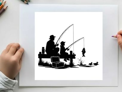 Silhouette of a man and boy fishing together on a pier