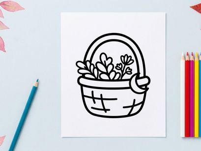Witch basket with herbs and moon icon. Hand drawn doodle of a magical wicker container.