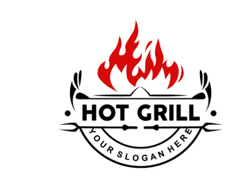 Barbeque Logo, Hot Grill Design With Fire And Spatula preview picture