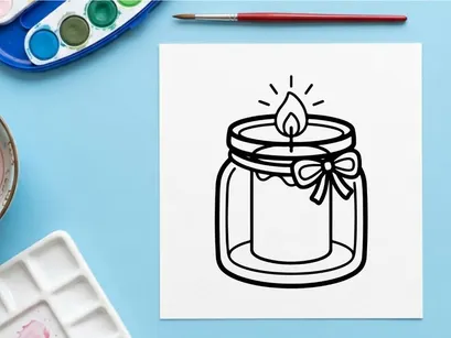 Icono de vela en frasco de vidrio. Ilustración minimalista de línea de una vela de cera encendida.