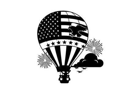 American flag hot air balloon silhouette with fireworks
