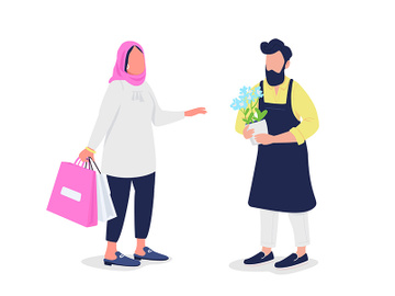 Muslim woman buying flowers from florist flat color vector faceless characters preview picture