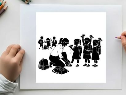 Silhouette of a teacher and children with school bags and birds