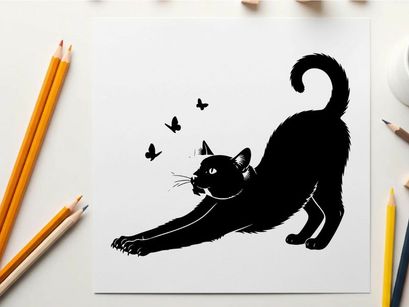 Black cat silhouette stretching towards butterflies