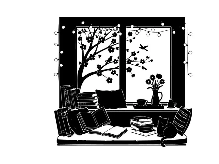 Cozy room interior with silhouette of tree and flowers by the window