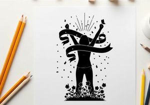 Silhouette of a person celebrating with ribbons and flowers