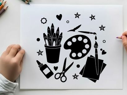 Art supplies silhouette with stars and hearts