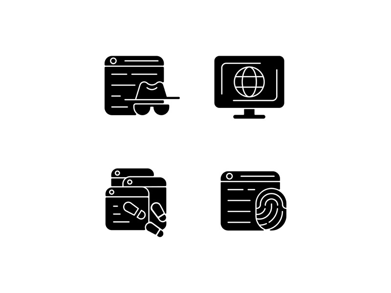Online censorship black glyph icons set on white space