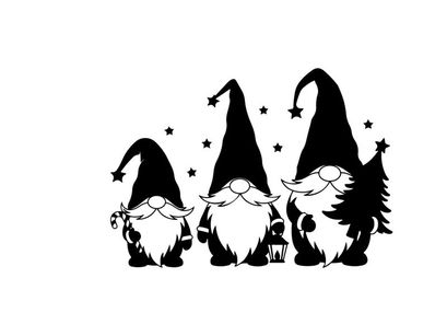 Three gnomes in silhouette with stars and christmas tree
