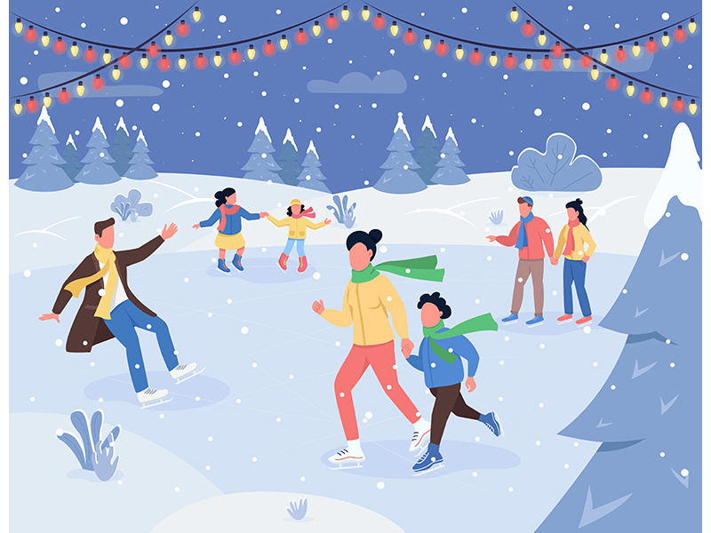 Christmas ice rink semi flat vector illustration