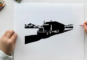 Silhouette of a semi truck driving on a road with mountains