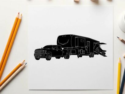 Silhouette of a pickup truck towing a large rv