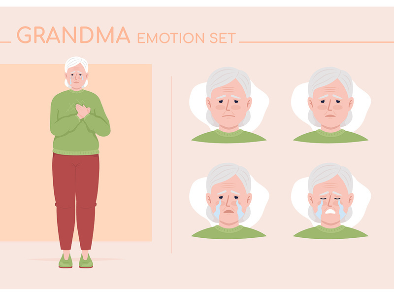 Crying senior woman semi flat color character emotions set