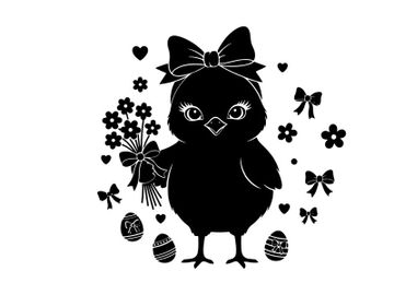 Adorable easter chick in silhouette with floral decorations preview picture
