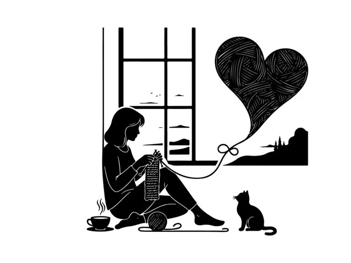 Silhouette of a woman knitting by the window with a heart shaped balloon
