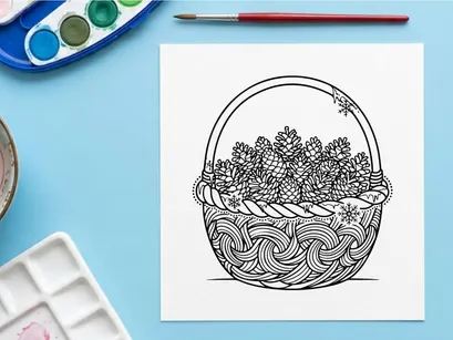 Woven basket filled with pine cones line art illustration