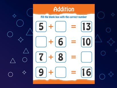 Basic math addition for kids. Fill the blank box with the correct number. Worksheet for kids