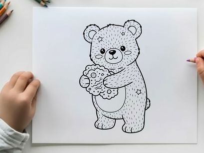 Cute teddy bear hugging heart vector illustration