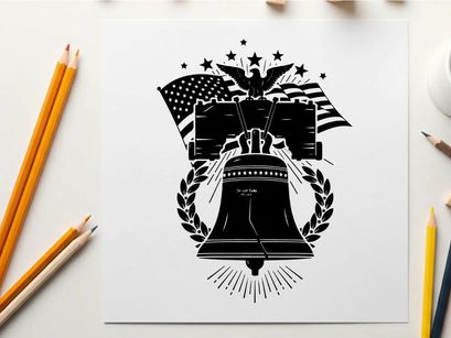 Liberty bell silhouette with american flags and eagle