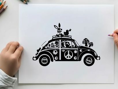Silhouette of a decorated volkswagen beetle with peace sign