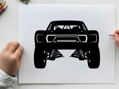 Silhouette of a rugged off road truck with large tires and suspension