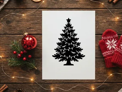 Black silhouette of a Christmas tree with string lights and a star on white background
