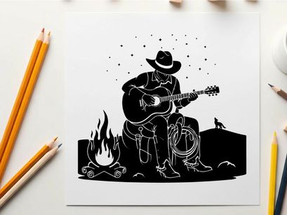 Cowboy silhouette playing guitar by campfire at night