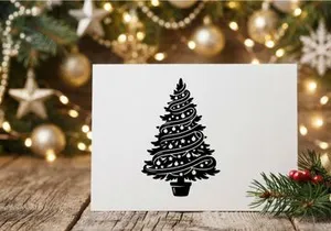 Black and white Christmas tree silhouette icon with festive ornaments and ribbon decor